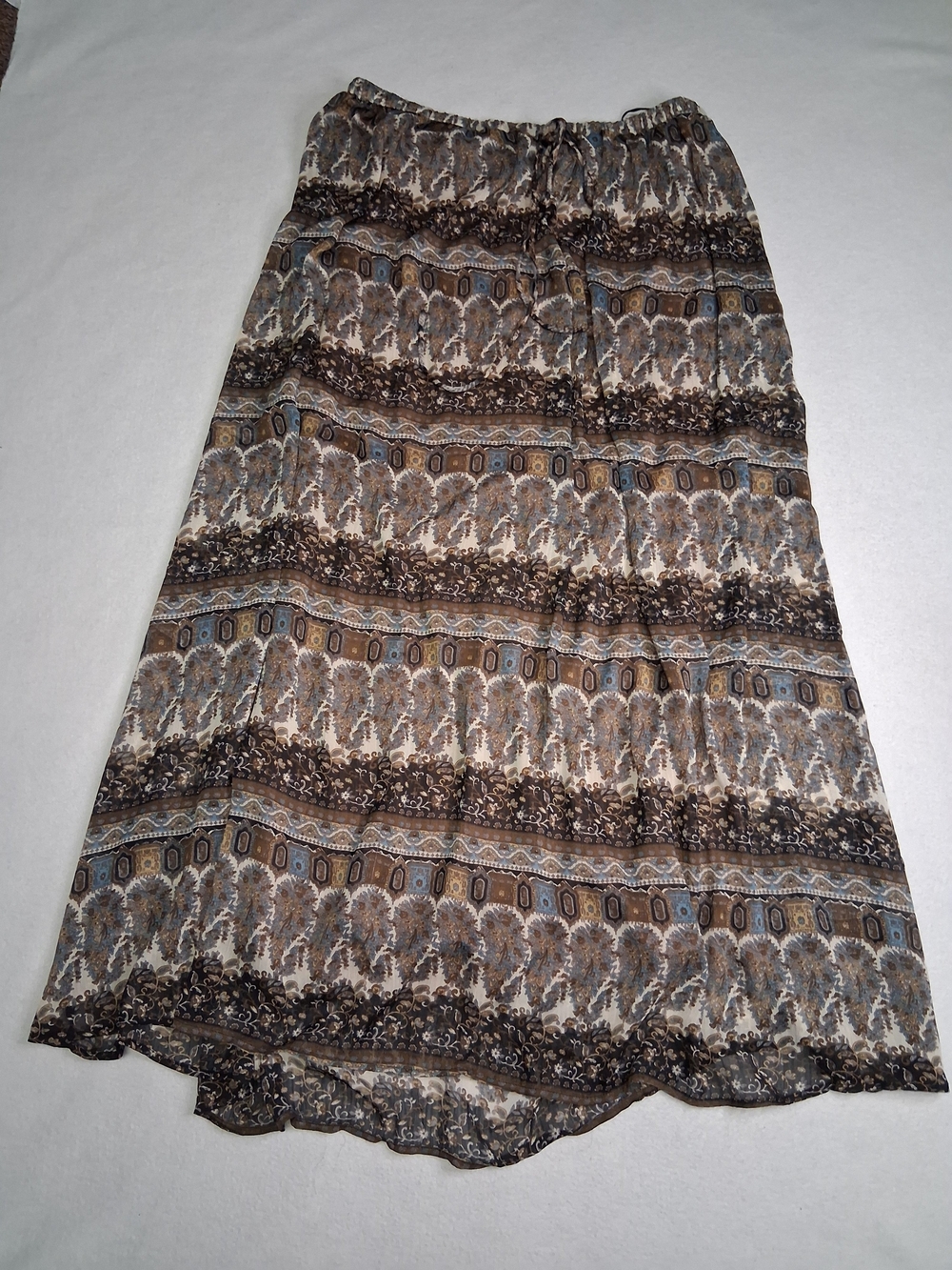 Brown Boho Patterned A-Line Maxi Skirt with Elastic Waist